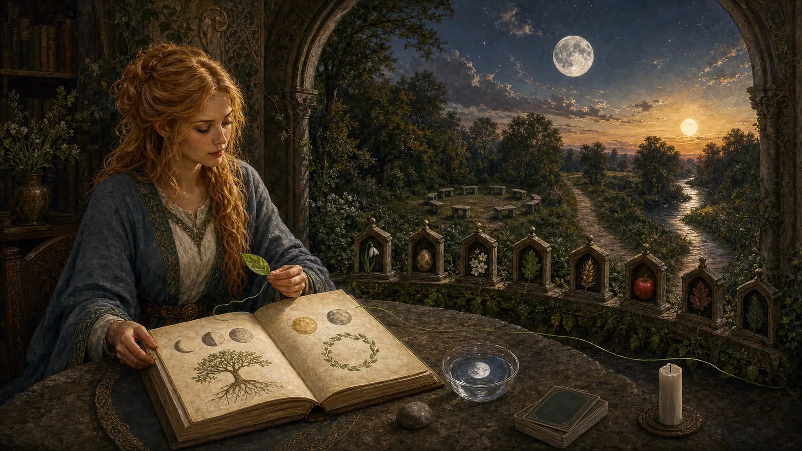 Strawberry-blonde Wiccan woman studying an open nature folio beside eight Sabbat markers under the Sun and Moon