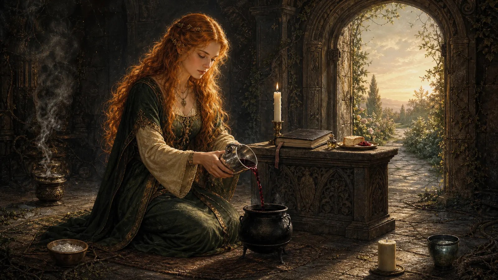 Copper-haired woman performing a solitary Wiccan initiation by pouring a ritual libation into a cauldron at dawn