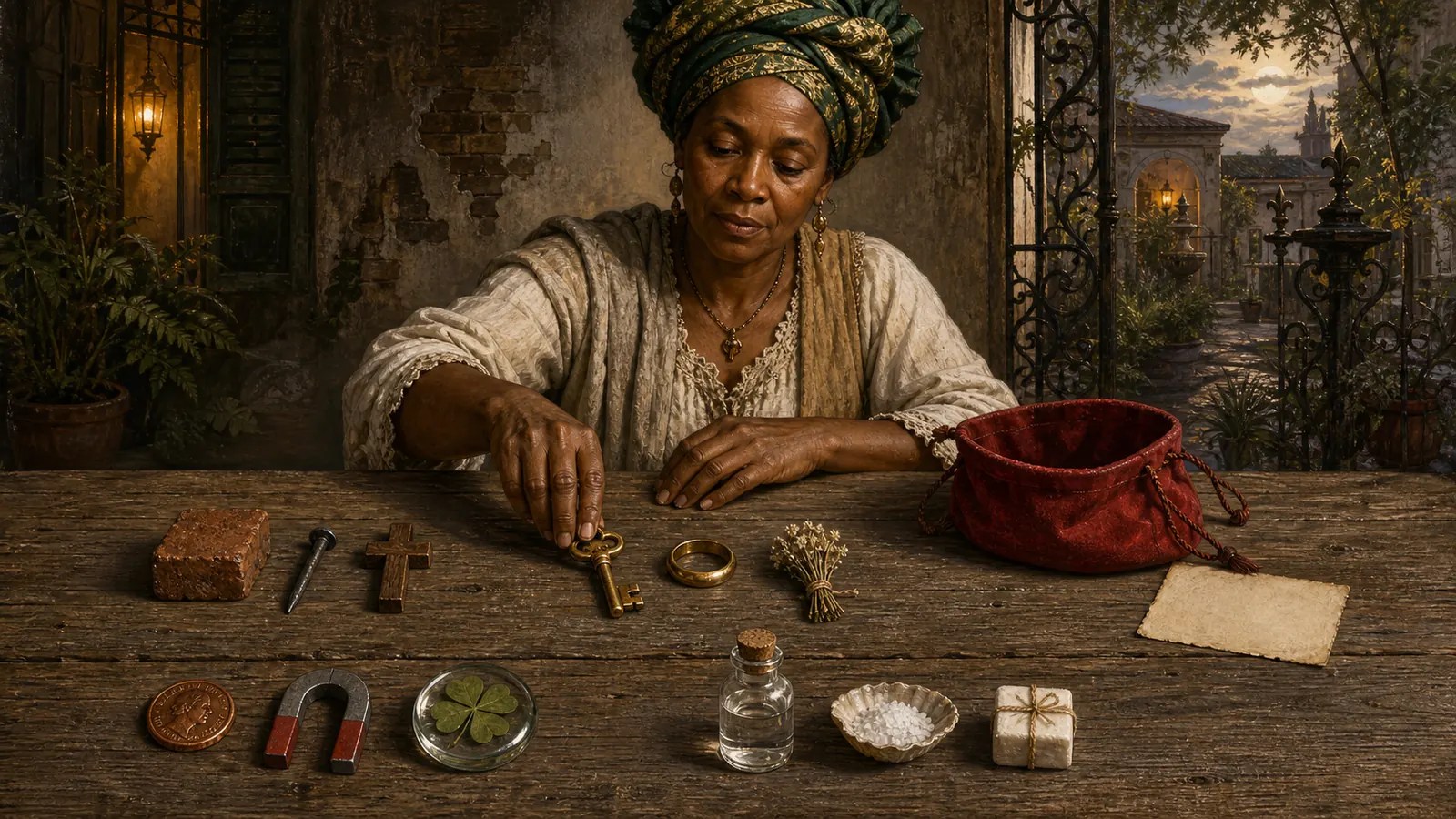 Black Creole artisan sorting twelve benign symbolic objects beside an open red gris-gris bag in New Orleans