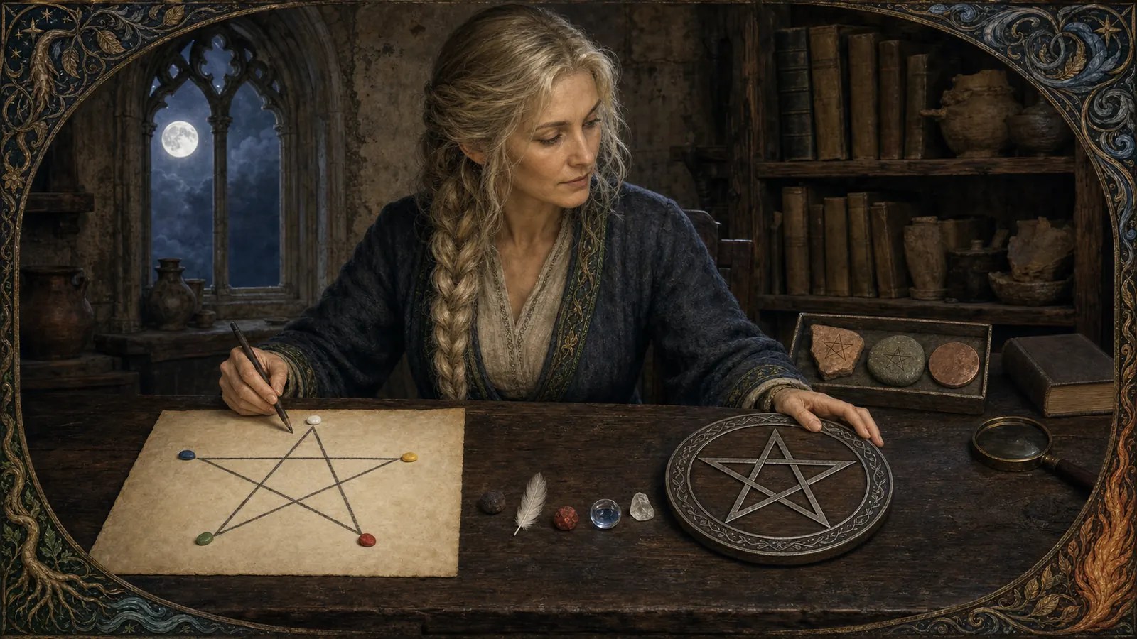 Champagne-blonde Wiccan scholar comparing an upright pentagram drawing with a circular wooden pentacle