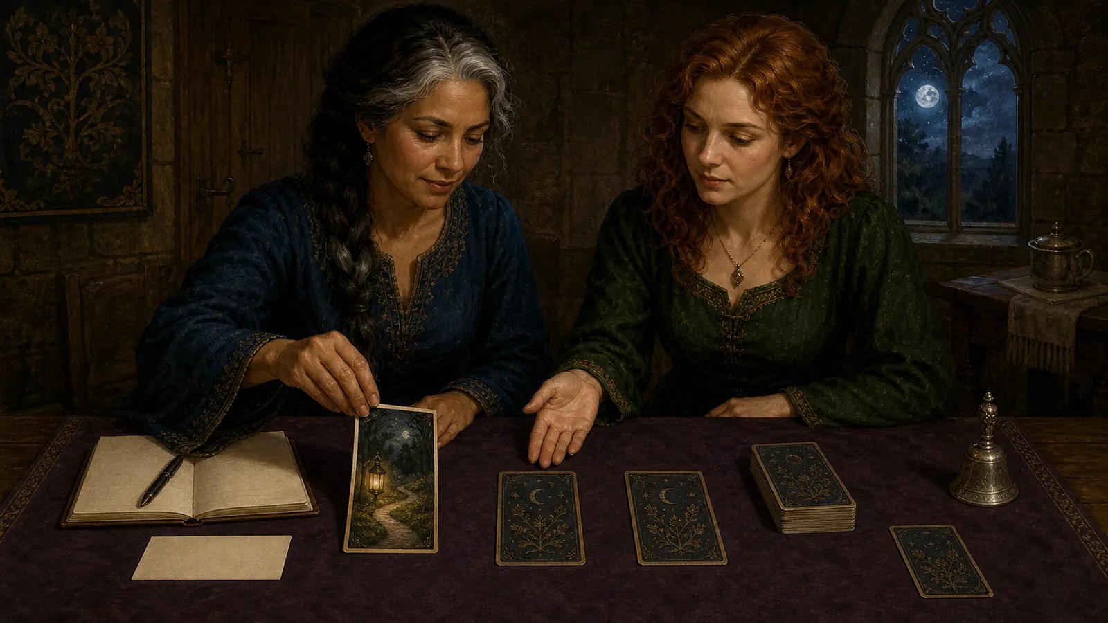Two adult women seated side by side as a tarot reader reveals the first card in a three-card spread