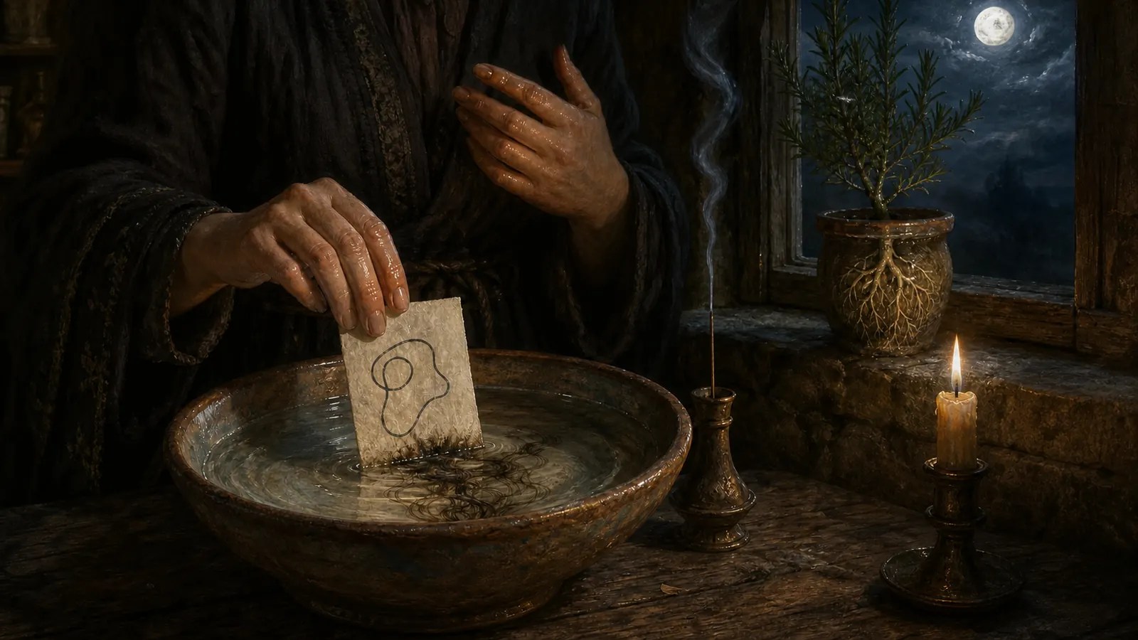 A witch lowers a folded healing cipher into blessed water as ink dissolves beside incense and a rooted plant
