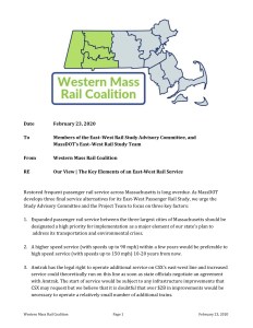 First page of Feb. 23, 2020 document by the Western Mass Rail Coalition, "The Key Elements of an East-West Rail Service," sent to members of the East-West Rail Advisory Committee and to MassDOT's East-West Rail Study Team.