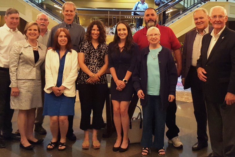 July 23, 2019 photo of advocates from Citizens for a Palmer Rail Stop, the Chester Railway Station & Museum, The Train Campaign, and Trains in the Valley, at a meeting of the Western Mass Rail Coalition in Springfield, following MassDOT's second public meeting during the East-West Passenger Rail Study.