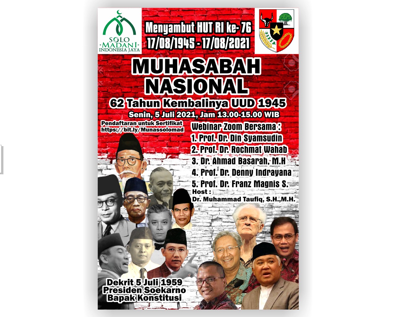 Solo Madani Akan Gelar Muhasabah Nasional ’62 Tahun Kembalinya UUD 1945′ Senin