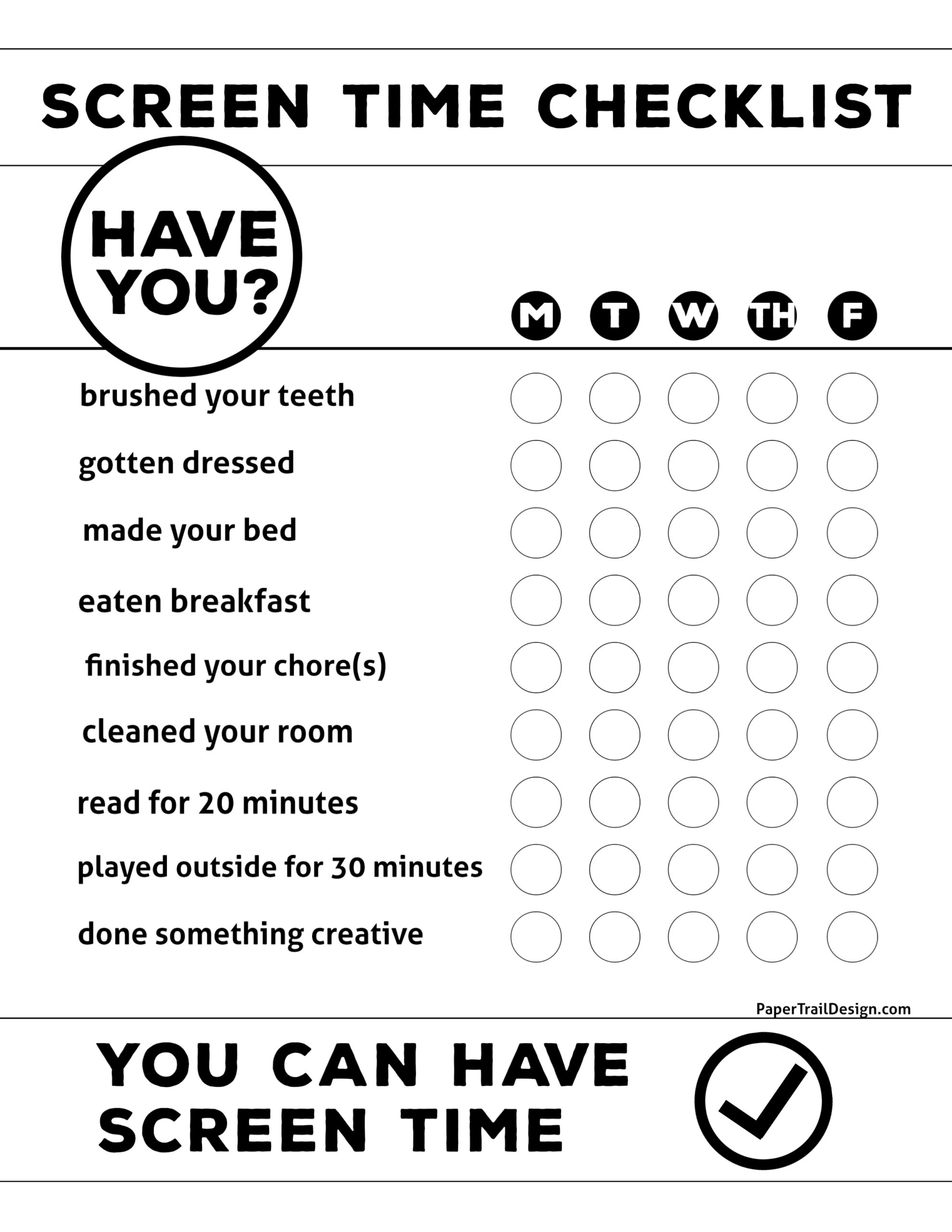 free printable kids screen time checklist paper trail design
