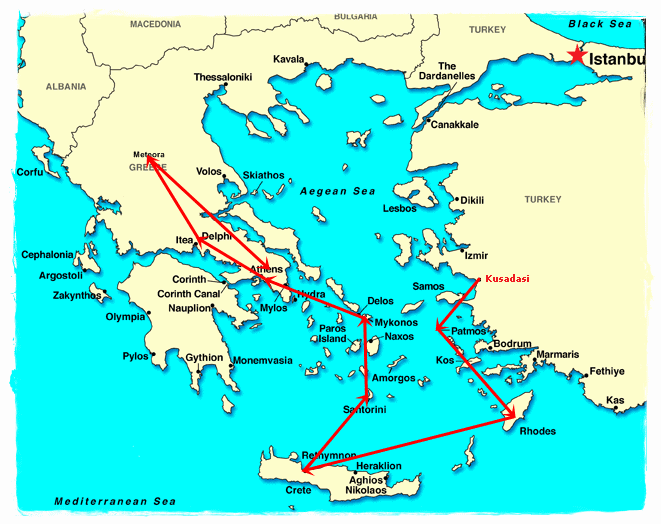 · pick up/drop off points: Cruise Santorini Mykonos Athens 3 Day Delphi Meteora Tours