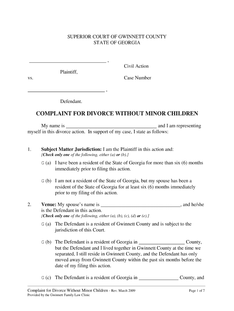 2009 form ga complaint for divorce without minor children fill online printable fillable blank pdffiller