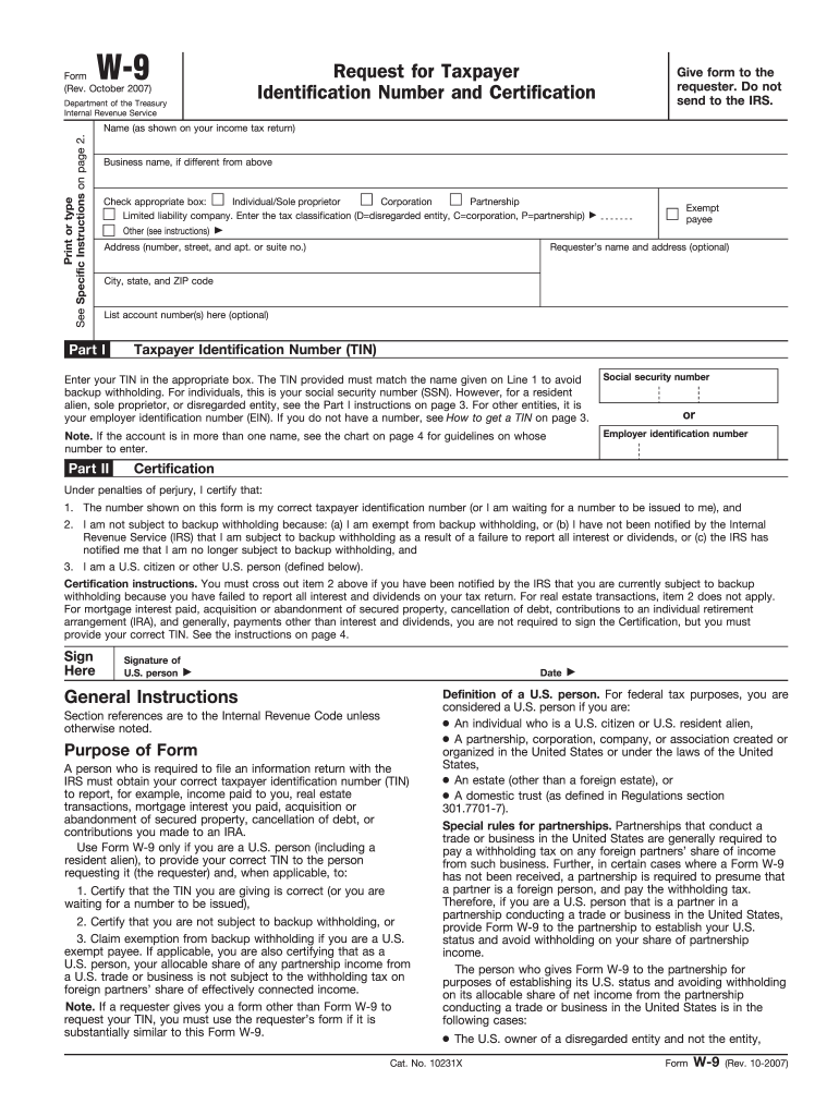 2007 form irs w-9 fill online, printable, fillable, blank