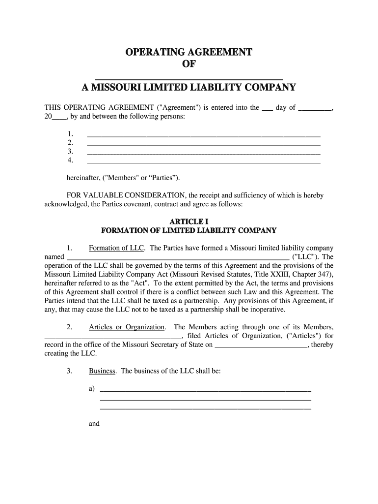 Operating Agreement For Llc Missouri Fill Online Printable Fillable Blank Pdffiller