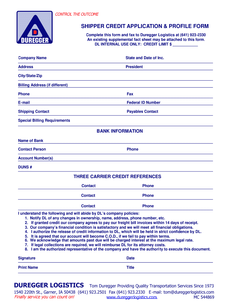 Duregger Shipper Credit Application Profile Form Fill And Sign Printable Template Online Us Legal Forms
