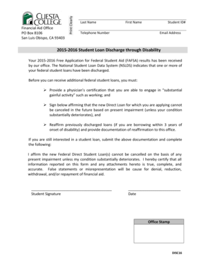 Fillable online 2015 -2016 student loan discharge through disability