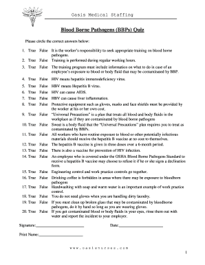 Cdc And Osha Quizand Answers Docx Hoose True Or False For All Questions 1 Blood Borne Pathogens Are Disease Causing Anisms Carried In Human Blood Course Hero 6BLOODBORNE PATHOGENS TEST QUESTIONS Name.