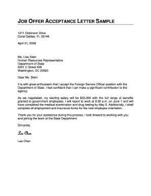 Fillable Online Job Offer Acceptance Letter Sample Miami Fax Email Print Pdffiller