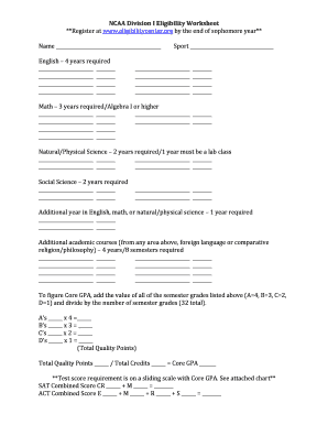 Fillable online ncaa division i eligibility worksheet fax email print