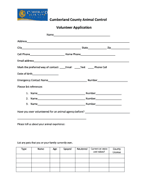 Fillable online cumberland county animal control volunteer application fax email print