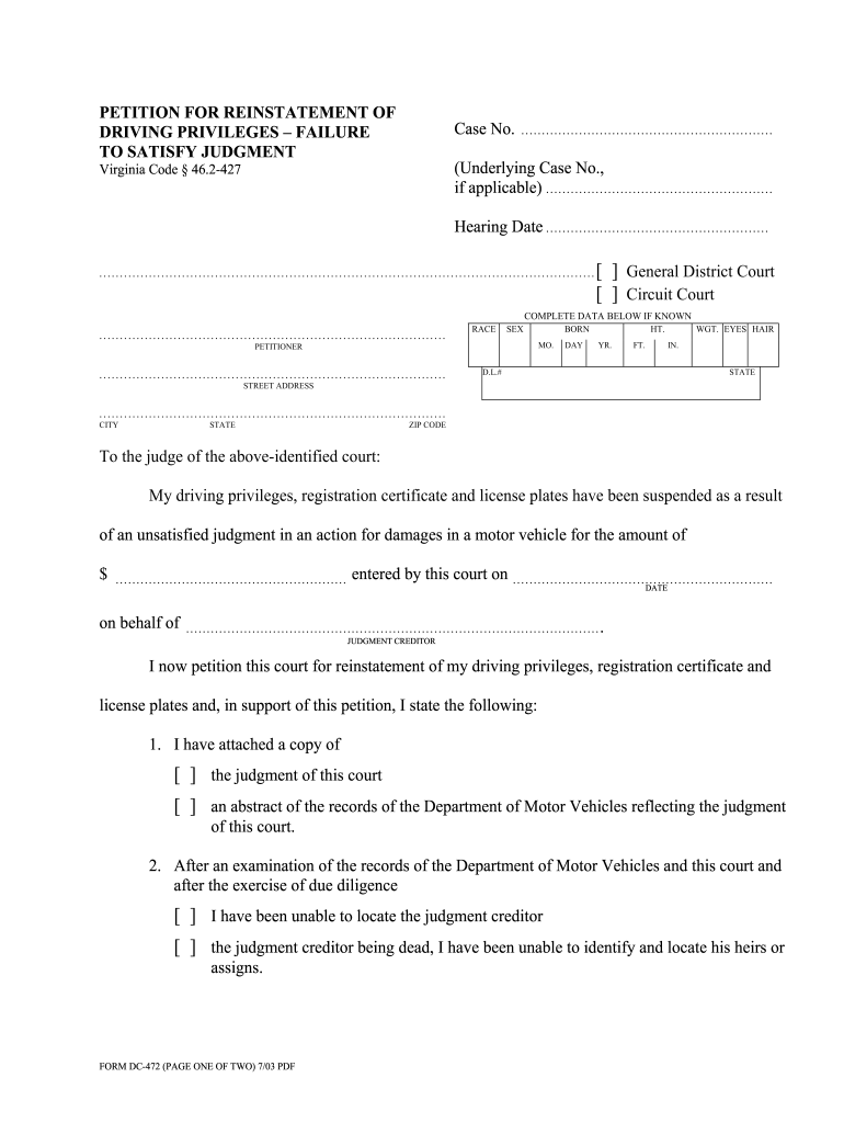 Sample Letter To Judge Asking For License Reinstatement Fill Online Printable Fillable Blank Pdffiller