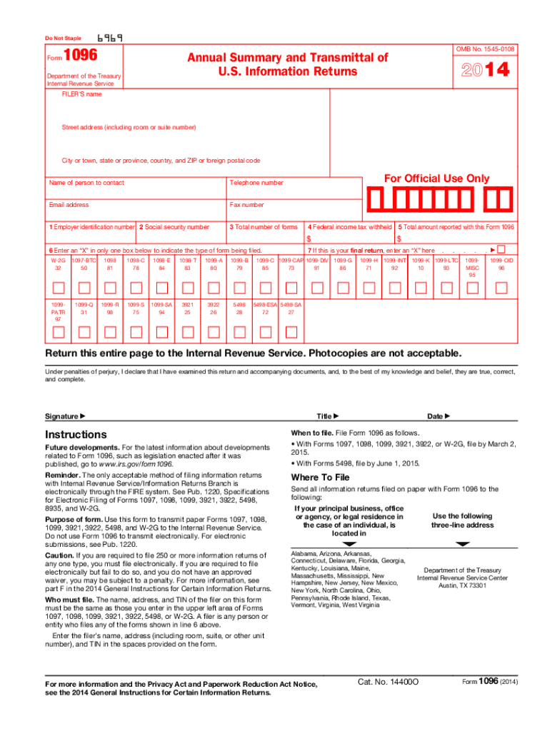Printable 1096 Form 2019 : 2014 Form IRS 1096 Fill Online, Printable, Fillable, Blank ...