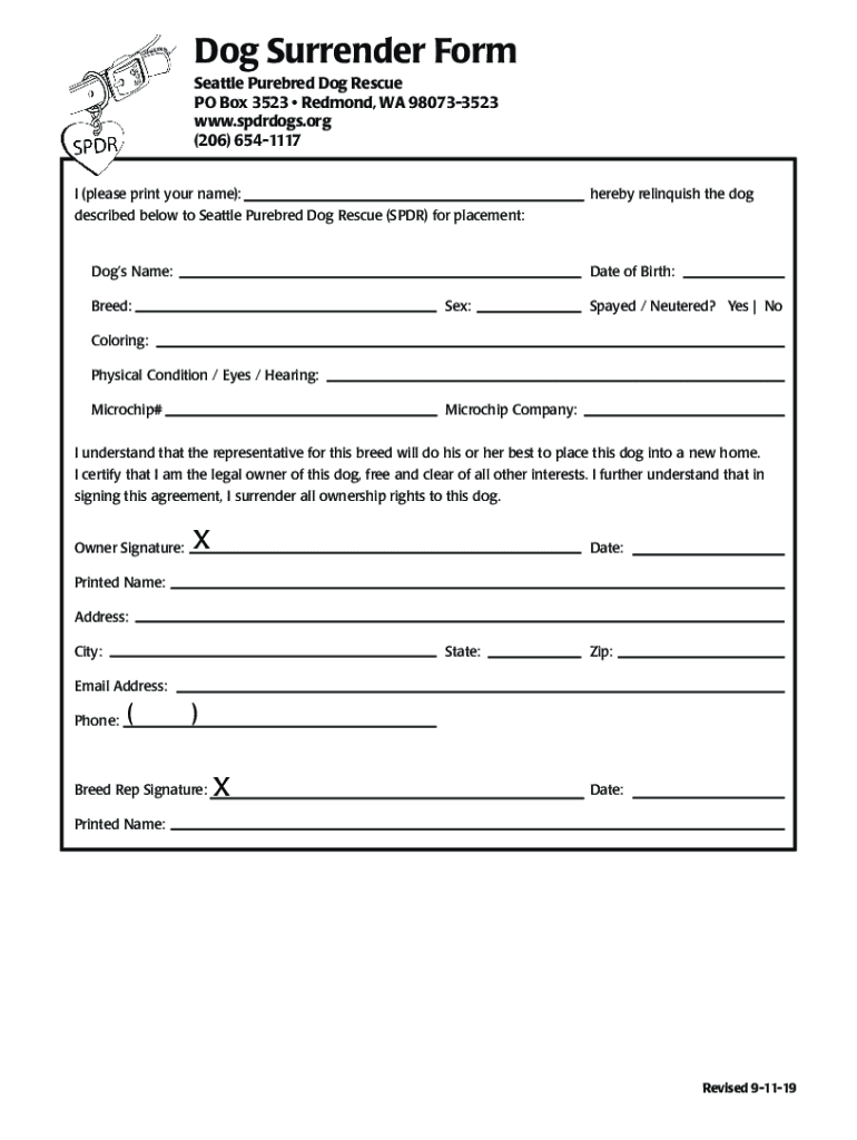 2019 2026 WA Purebred Dog Rescue Dog Surrender Form Seattle City Large 