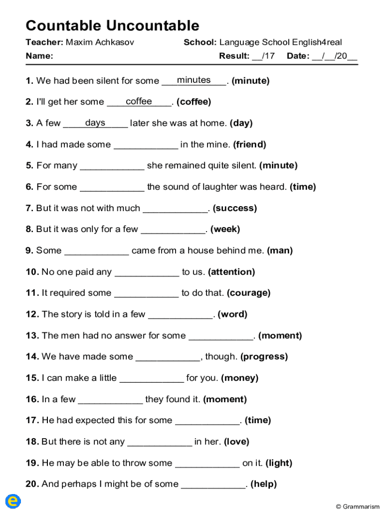 Fillable online worksheets for countable and uncountable nouns fax