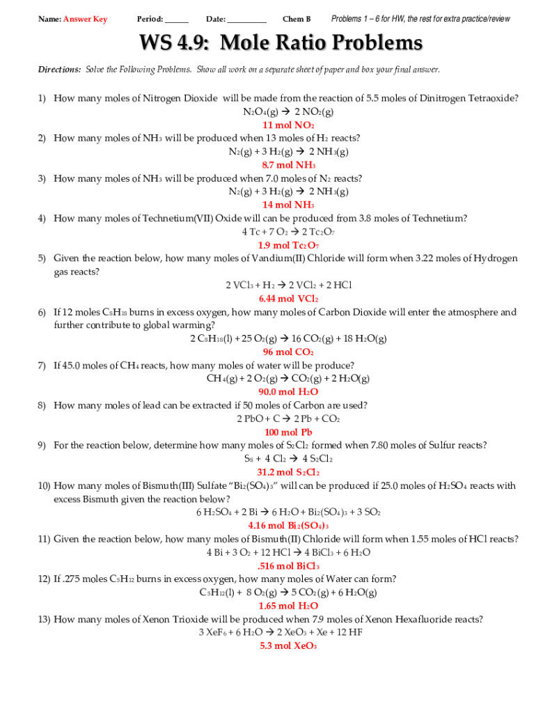 Fillable online mole ratios and mole to mole conversions worksheet