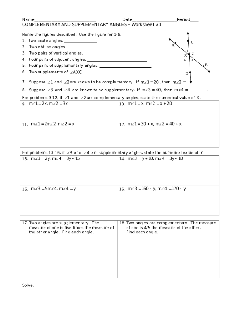 Complementary and supplementary angle worksheet name doc template