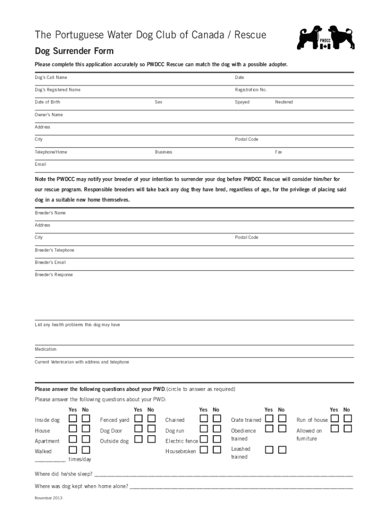 2023 2026 Canada PWDCC Dog Surrender Form Fill Online Printable Large 
