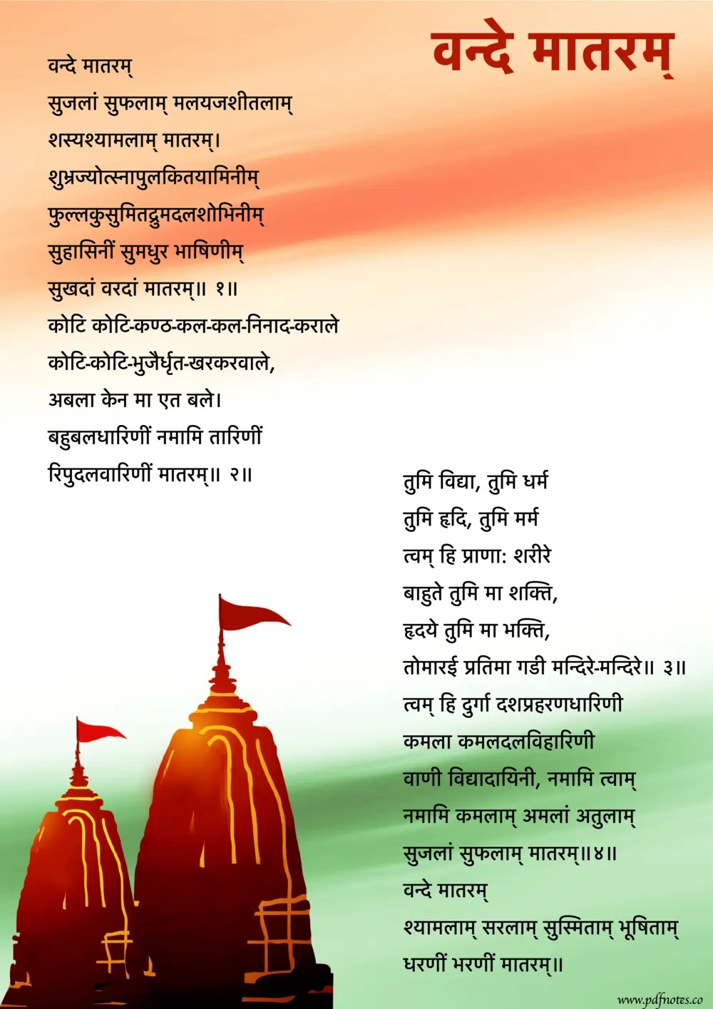 वंदे मातरम (राष्ट्रीय गीत) Vande Mataram Lyrics PDF in Hindi