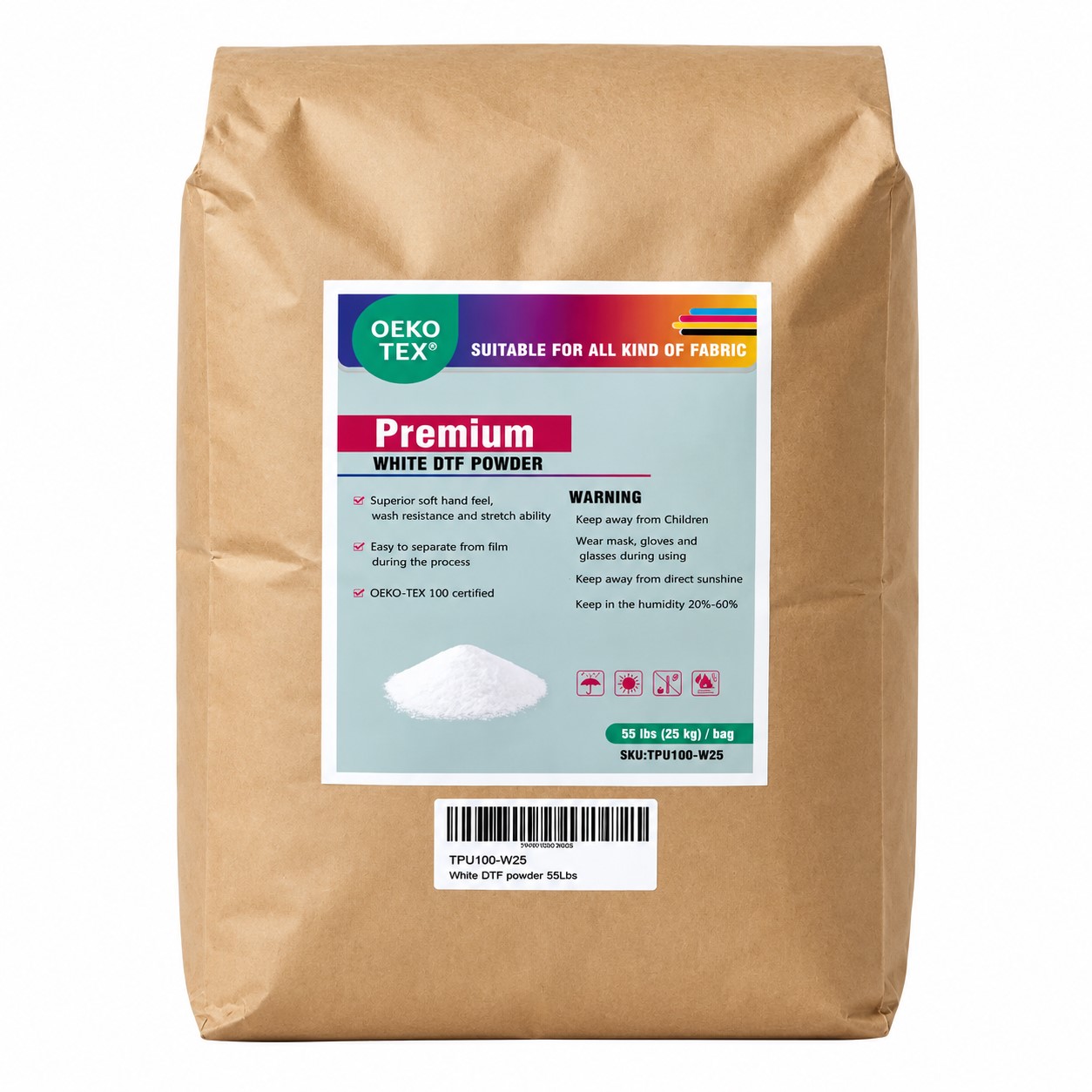 DTF WHITE HOT MELT TPU ADHESIVE POWDER 55 LB BULK CONTAINER