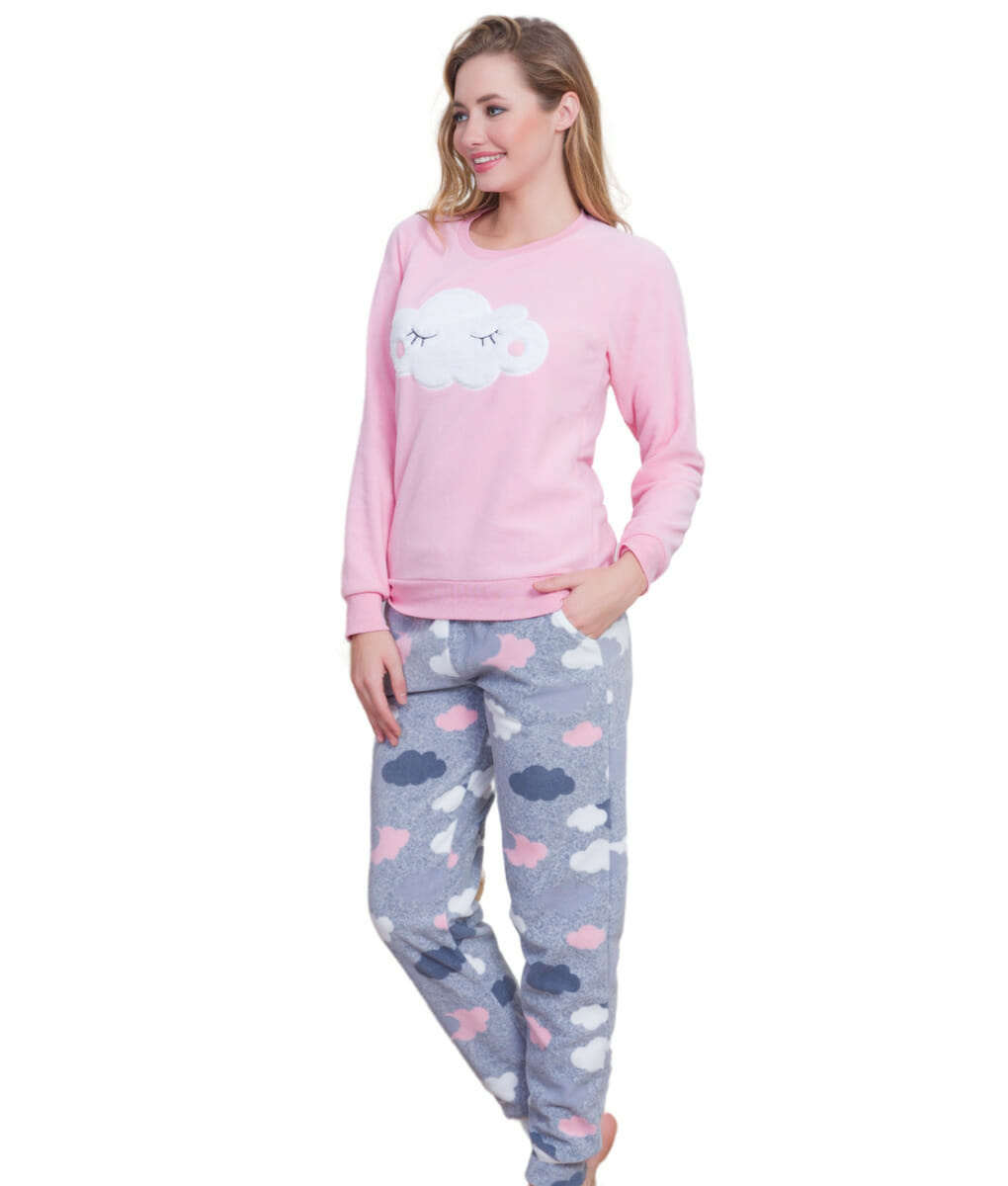 Γυναικεία πυτζάμα ροζ fleece με σχέδιο
