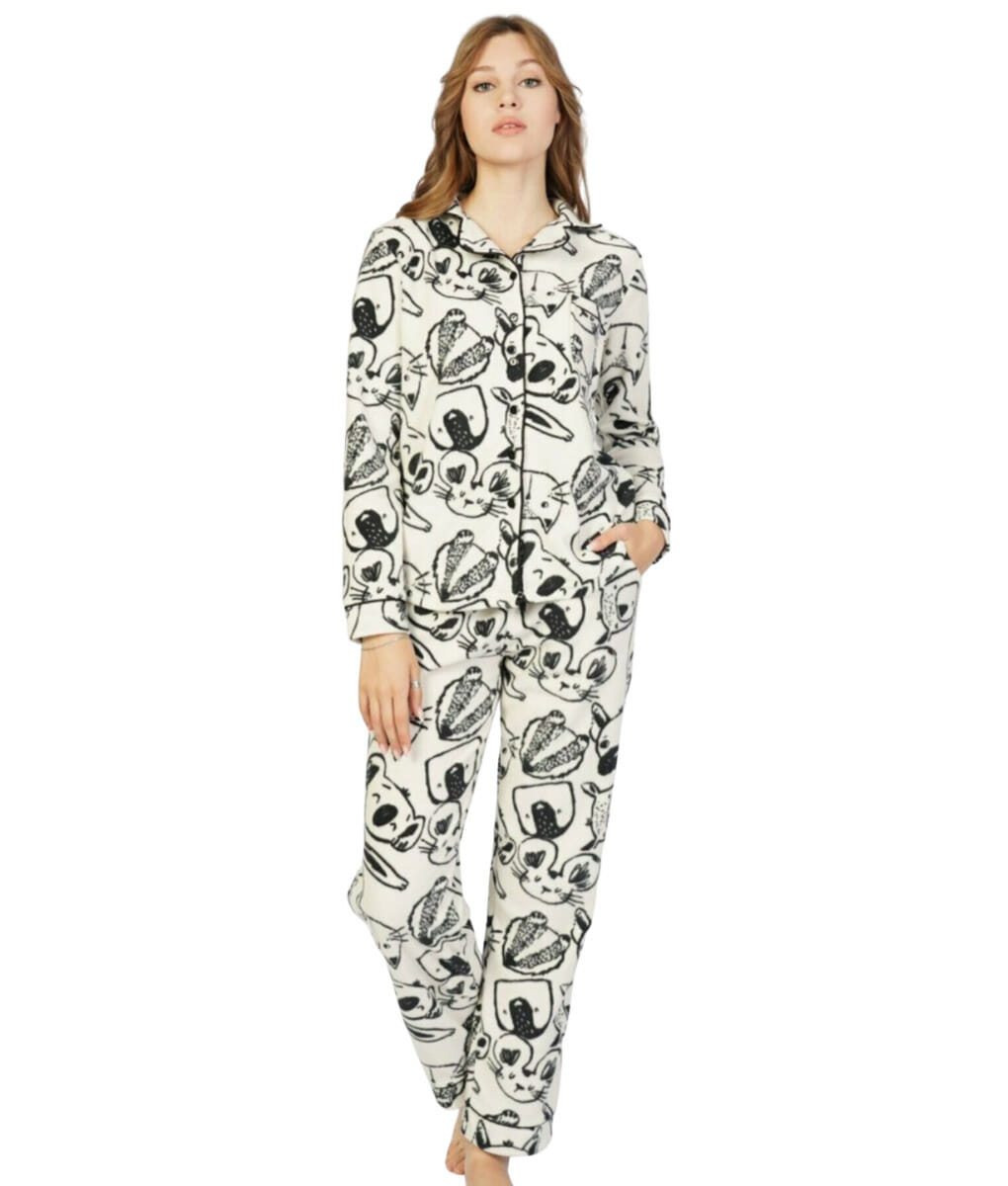 Γυναικεία fleece πυτζάμα εκρού με κουμπάκια