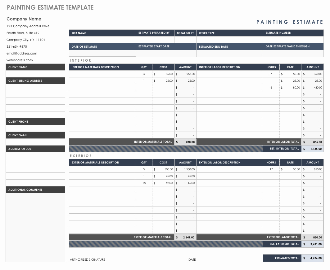 Painting estimate template excel