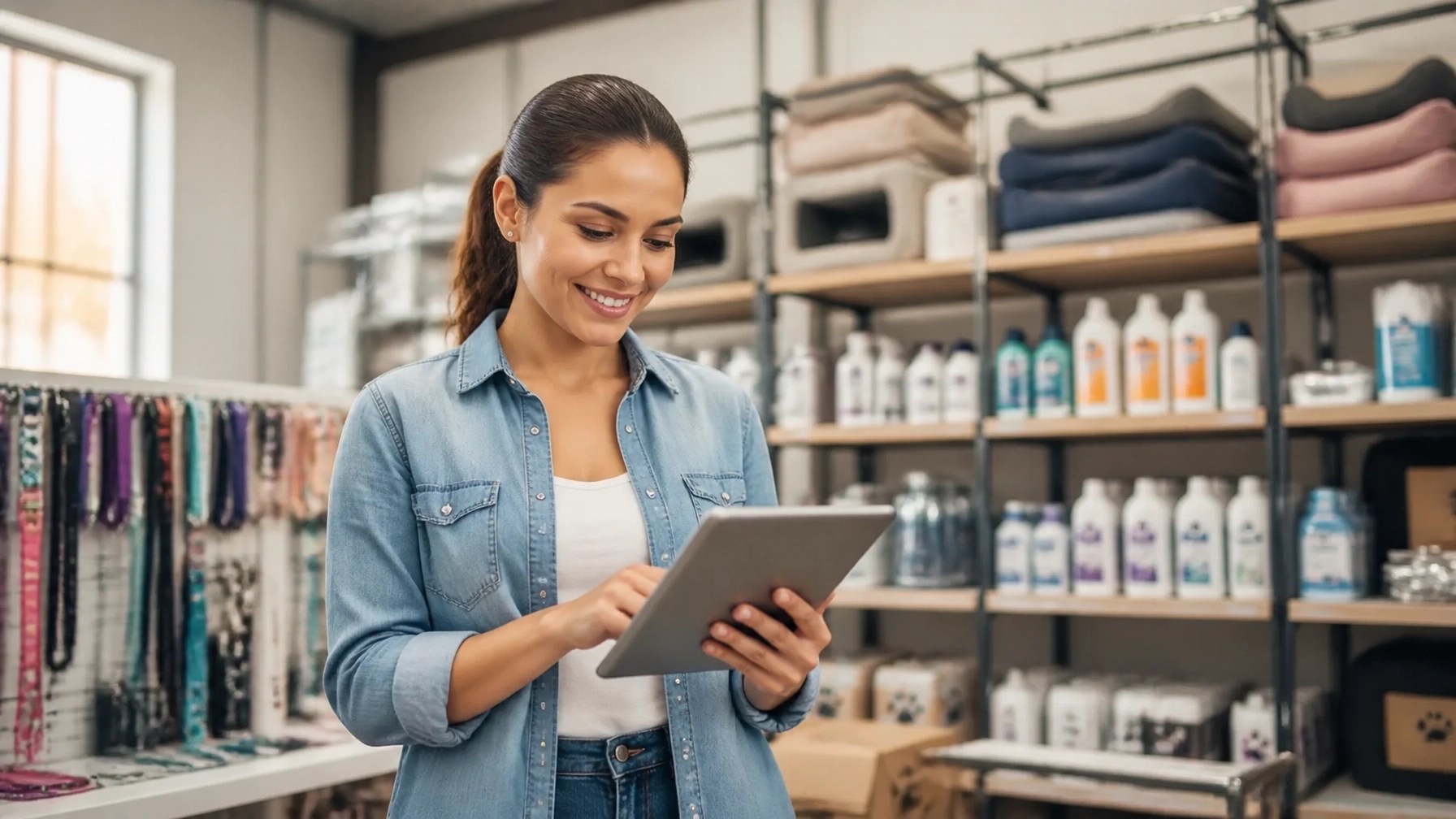 Smiling woman in a denim shirt uses a tablet in a pet supply store.