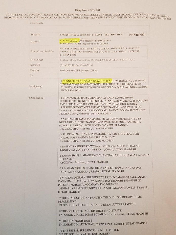 SC Order sheet showing Sibal appearing for Sunni Wakf Board Cover Page