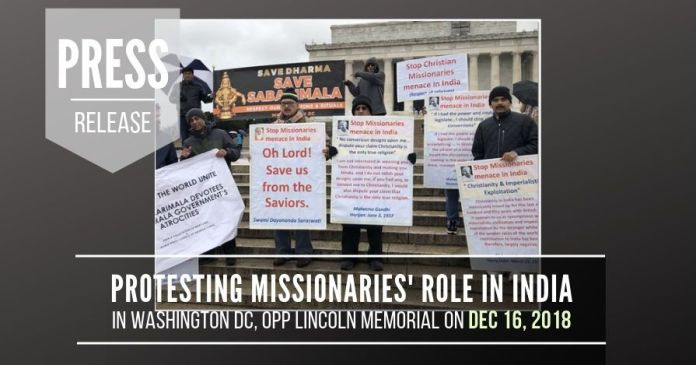 PRSabarimala Press Release for DC rally held on Dec 16th at Lincoln Memorial highlighting Christian missionary menace in India with views of Mahatma Gandhi and the connection of missionary activity to assault on Sabarimala.
