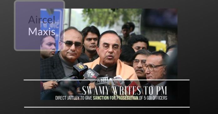 SS19a1 Swamy writes to the Prime Minster, urges him to direct Jaitley to provide Sanction for Prosecution against five officers in Aircel-Maxis case