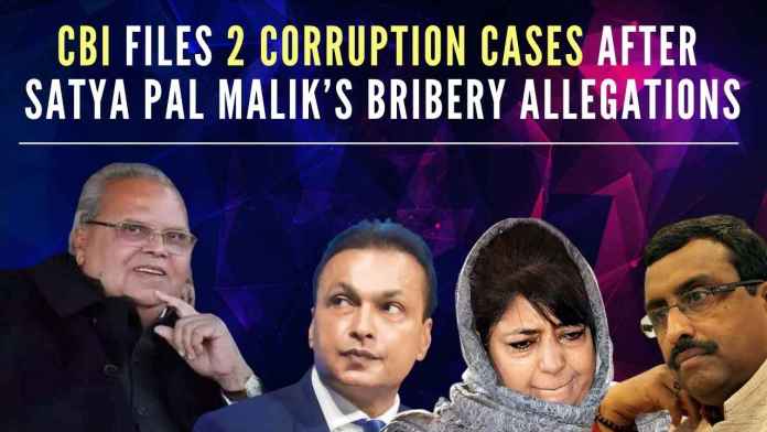 CBI files two corruption cases after ex-governor Satya Pal Malik’s bribery allegations Malik had said he was offered a Rs 300-crore bribe to clear a hydroelectric power project and a health insurance scheme for government employees