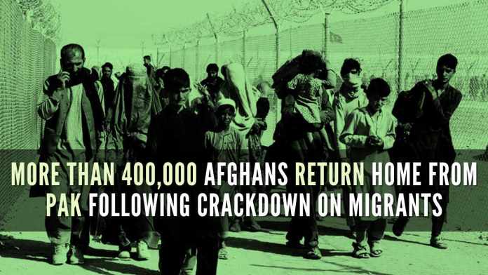 More than 400,000 Afghans return home from Pak following crackdown on migrants Pak authorities announced a nationwide crackdown on Afghans living in country on Oct 31, ordering them to leave the country or be arrested if they didn't have proper documents