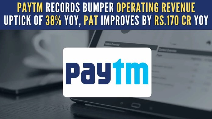 Paytm registers bumper operating revenue uptick of 38% YoY, PAT improves by Rs 170cr YoY Paytm’s EBITDA before ESOP stood at Rs.219 crore in the quarter of December 2023, compared to Rs.153 Cr in Q2FY24 (excluding UPI incentives)