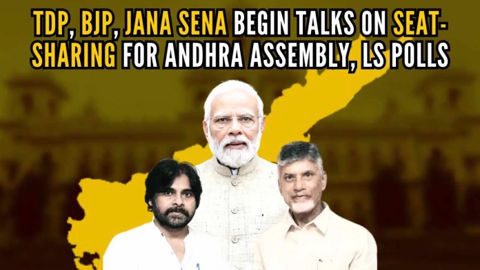 TDP, BJP, Jana Sena begin talks on seat-sharing for Andhra Assembly, LS polls Following two rounds of talks with Union Home Minister Amit Shah in New Delhi last week, the TDP also decided to re-join the NDA at the invitation of the BJP