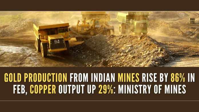 Gold production from Indian mines rise by 86% in Feb, copper output up 29% Ministry of Mines Cumulative growth in mineral production for April-February, 2023-24 over the same period of the previous year is 8.2%