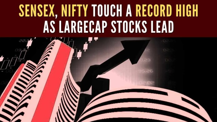 Sensex, Nifty touch a record high as largecap stocks lead Among sectoral indices, PSU Bank, Fin service, Pharma, Metal and Energy are major gainers. Auto and realty are top laggards