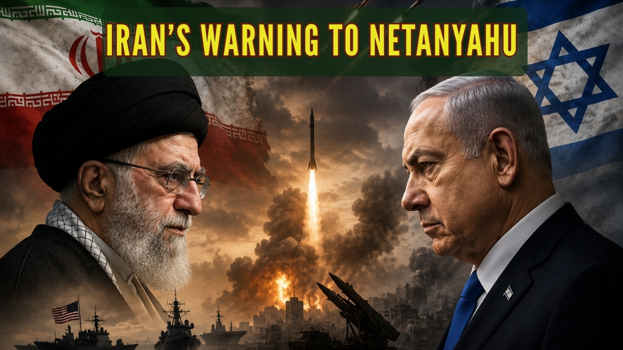 A dramatic geopolitical visual showing Iran and Israel in a tense standoff, with Tehran’s warning to Netanyahu and the wider US-Iran confrontation symbolised through military and diplomatic imagery
