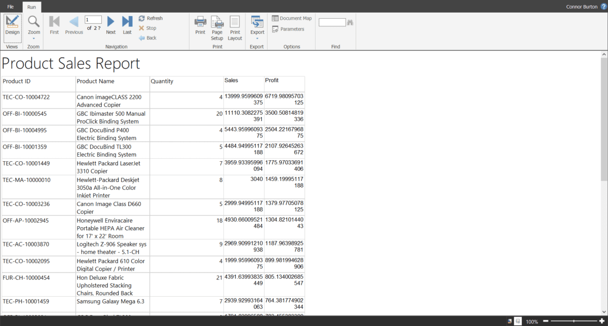 A screenshot showing the table output of the data in the order it is stored in the data source