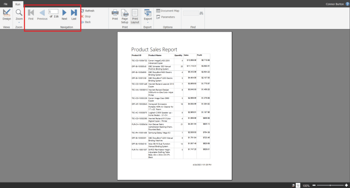 A screenshot showing how the report will look and how many pages it will have