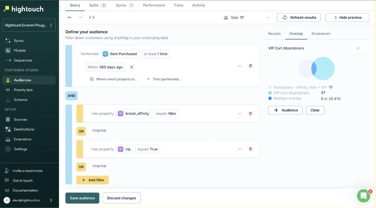 A screenshot taken from the Hightouch platform.