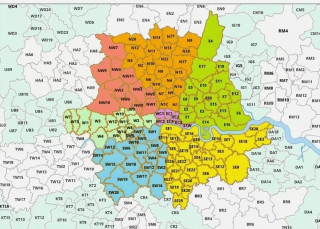 A4 SIZE POSTCODE Map Of London Postal District Area ECOMAP 100 A4 Size Postcode Map Of London Postal