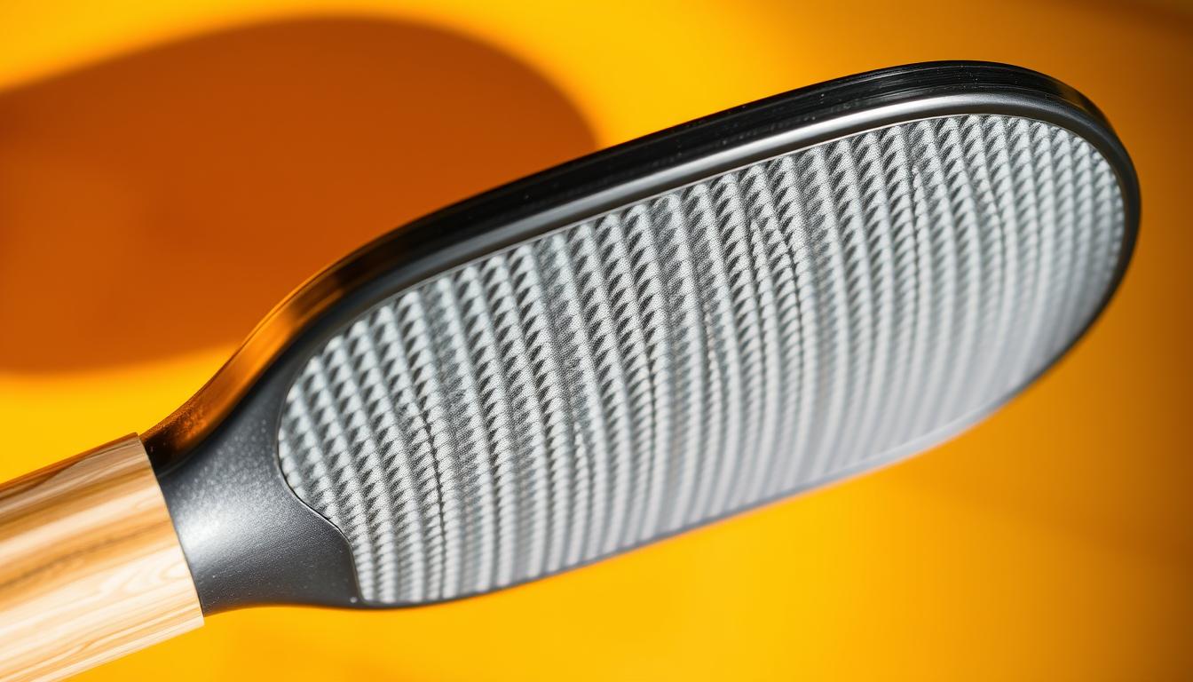A close-up view of a pickleball paddle handle, showcasing its intricate texture and grip. The handle is composed of a high-quality, non-slip material that provides optimal aderência, or grip, to the player's hand. The surface has a subtle, grooved pattern that enhances friction and control, allowing for precise maneuverability during fast-paced rallies. Warm, diffused lighting illuminates the details, highlighting the paddle's craftsmanship and the importance of proper equipment selection for pickleball enthusiasts. The image conveys a sense of focus and attention to detail, reflecting the critical role that aderência plays in the sport.