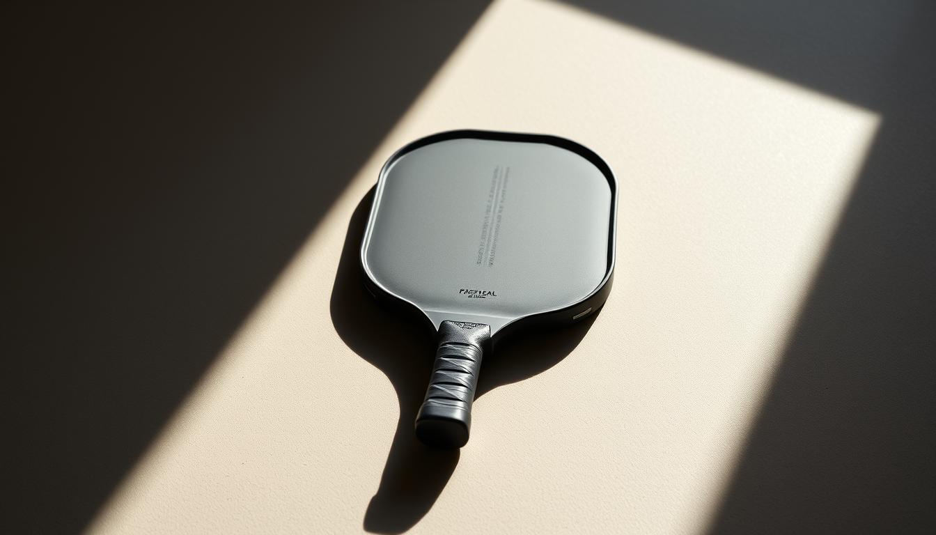 A pickleball paddle with a sleek, minimalist design rests on a muted, textured surface, casting a soft, natural shadow. The paddle's surface has a matte finish, highlighting its simple yet elegant lines. The lighting is soft and diffused, creating a sense of depth and atmosphere. The background is hazy, with subtle gradients of neutral tones, drawing the viewer's focus to the central paddle. This image conveys a sense of control, precision, and a refined approach to the game of pickleball.