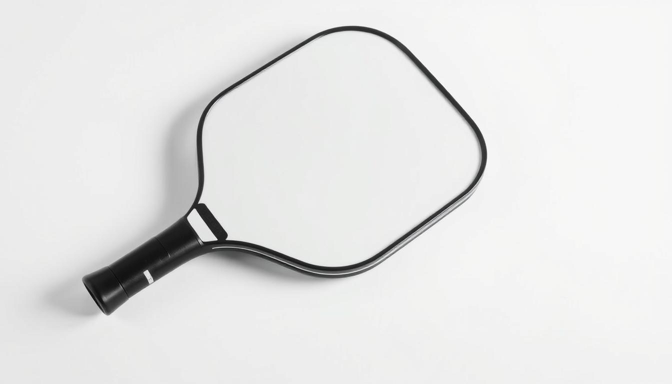 A well-lit, crisp close-up of a pickleball racket on a clean white backdrop. The racket is centered, showcasing its distinct shape, materials, and grip. The frame is made of a high-quality, lightweight alloy, with a large, evenly-balanced hitting surface. The handle features a comfortable, customizable grip that fits naturally in the hand. Subtle shadows and highlights accentuate the racket's design elements, inviting the viewer to inspect the key features that make it an ideal choice for pickleball players. The overall scene conveys a sense of quality, functionality, and attention to detail, aligning with the article's focus on selecting the right pickleball racket.